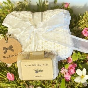 Handmade Lavender Goats Milk Body Soap with Crocheted Wash Cloth.